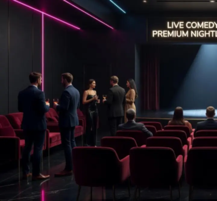 Modern stand-up comedy helyszín esti megvilágításban