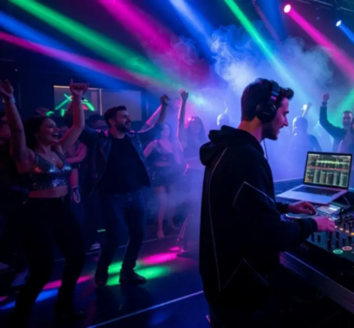 DJ pult színes fényekkel és táncoló tömeggel egy éjszakai klubban.