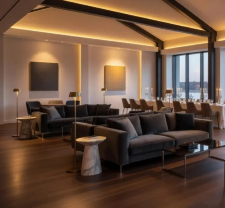 Elegáns, modern rendezvényhelyszín hangulatvilágítással és lounge jellegű berendezéssel.