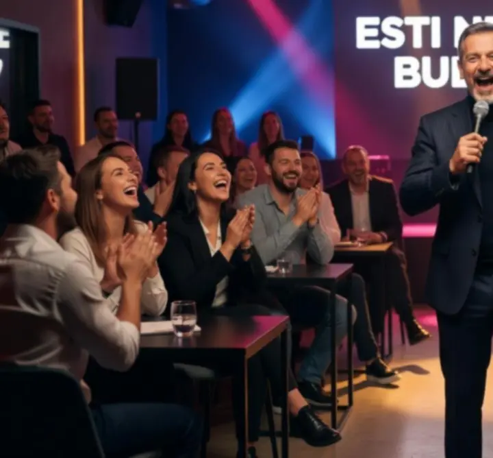 Élő stand-up comedy fellépés színpadi megvilágítással